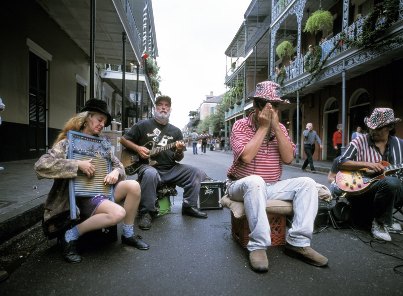 File:A street band has no competition, from other musicians or automobiles, on Bourbon Street in the French Quarter of New Orleans, Louisiana LCCN2011634028.tif