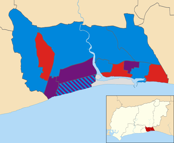 Map of the results of the 2016 Adur District Council election. Conservatives in blue, Labour in red, UKIP in purple and independents in grey.