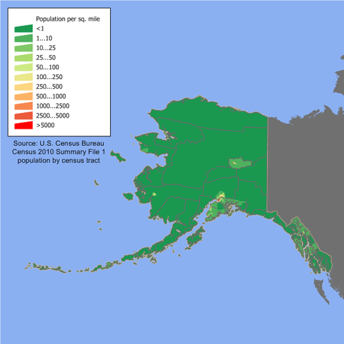 מפת צפיפות האוכלוסין של מדינת אלסקה