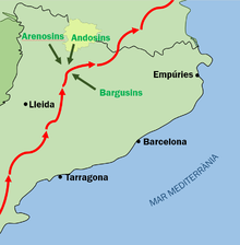 Hannibal's route (red) during the Second Punic War. The Iberian tribes (green) fought against the Carthaginian army in the Pyrenees. Annibal, andosins.png