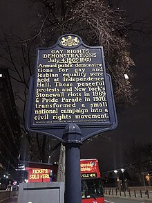 Pennsylvania state historical marker commemorating the Annual Reminders, placed by the Pennsylvania Historical and Museum Commission at 6th and Chestnut Streets in 2005. Annual Reminder - Gay rights demonstrations July 4, 1965-1969.jpg