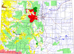 Lages des Arapaho National Forest in Colorado (rot)