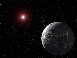 הדמיית כוכב הלכת. כוכב לכת קפוא עם אטמוספירה דקה ושמש קטנה ואדומה