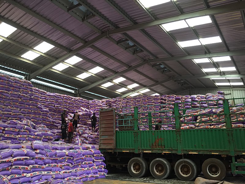 File:Bags of rice are unloaded from truck to pile in a Dakar warehouse.jpg
