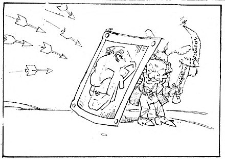 Cartoon depicting Shapour Bakhtiar and Mosaddegh on 22 January 1978 issue of Ettela'at, during the revolution