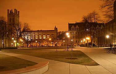 Campus lights illuminate the Bartlett Quadrangle. Bartlett quads sunset.jpg