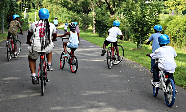 Biking on the Bartram's Mile trail at Bartram's Garden