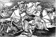 Castor et Pollux à la bataille du lac Régille. Gravure tirée du recueil de poèmes The Lays of Ancient Rome de John Reinhard Weguelin, 1880.