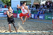 Deutsch: Beachhandball Europameisterschaften 2019 (Beach handball Euro); Tag 4: 5. Juli 2019 – Männer, Viertelfinale, Russland-Polen 2:0 (30:22, 19:18) English: Beach handball Euro; Day 4: 5 July 2019 – Quarter Final Men – Russia-Poland 2:0 (30:22, 19:18)