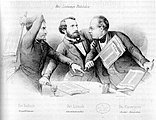 Lithographie, G. Pönicke. Leipzig, 1849. “Die Zeitungs-Politiker”. “Der Radikale / Republikaner”. “Der Liberale / Constitutioneller”. “Der Conservative / Absolut. Monarchist”