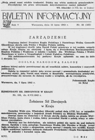 Polish Underground State's underground Information Bulletin, 15 July 1943, reporting the death of Gen. Sikorski and ordering a national day of mournin