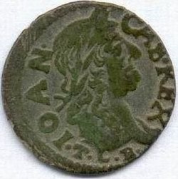 Obverse of boratynka coin minted at Ujazdów Castle, featuring profile of King John II Casimir.