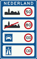 Default speed limits in the country that you are entering, in this case the Netherlands: built-up areas (50 km/h), rural roads (80 km/h), expressways (100 km/h) and motorways (130 km/h)