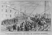 Gravure de la Boston Tea Party : des colons déguisés en indiens jettent des caisses de thé dans le port de Boston.