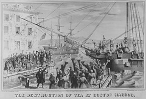 Monopolistic activity by the British East India Company triggered the Boston Tea Party. Boston tea party.jpg