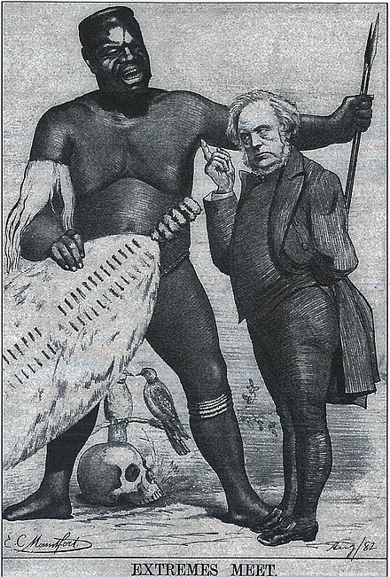 "Extremes meet": cartoon by E. C. Mountford, depicting Bright wagging his finger at the Zulu king Cetshwayo, who visited England in 1882