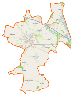 Mapa konturowa gminy Buk, u góry po prawej znajduje się punkt z opisem „Niepruszewo”