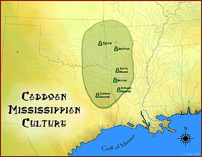 Map of the Caddoan Mississippian culture and some important sites