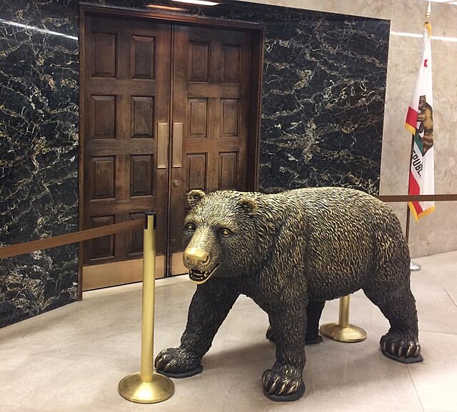 Bronze statue of a California grizzly bear outside the governor's office, in the California Capitol.