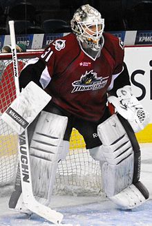 Pickard with the Lake Erie Monsters in 2013. Pickard played for the Monsters from 2011 to 2015. Calvin Pickard Lake Erie 2013.jpg