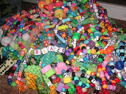 A collection of handmade bracelets known as "kandi"