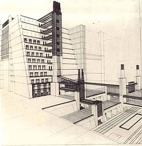 Futurism – Staircase house with elevators from four street levels, part of La Città Nuova, by Antonio Sant'Elia (1914), ink and pencil on paper, Musei Civici, Como, Italy[74]