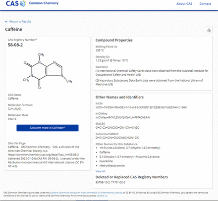 Screenshot of the CAS Common Chemistry database with information about caffeine (58-08-2).