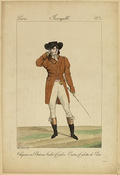 File:Chapeau en bateau. Habit couleur crotin. Culotte de peau. Paris. Incroyable. N°1, G.4417.jpg