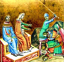 Az 1131-es aradi országgyűlés. A trónon II. Béla mellett Ilona királyné ül (Képes krónika)