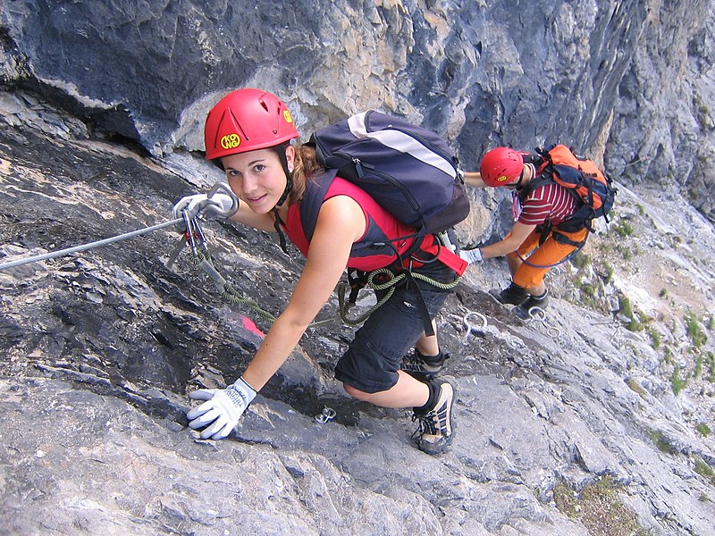File:Climber on fixed rope route Piz Mitgel 2.jpg