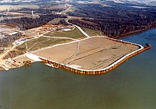 A cofferdam on the Ohio River near Olmsted, Illinois, built for the purpose of constructing the Olmsted Lock and Dam Cofferdam Olmsted Locks Ohio River.jpg