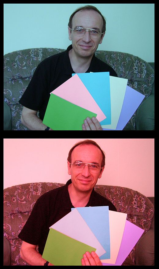 In these two pictures, the second card from the left seems to be a stronger shade of pink in the upper one than in the lower one. In fact they are the same color (since they have the same RGB values), but perception is affected by the color cast of the surrounding photo.