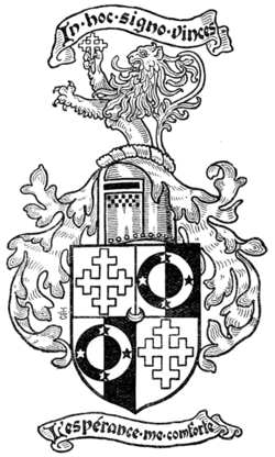 Fig. 250.—Armorial bearings of Robert Berry, Esq.: Quarterly, 1 and 4, vert, a cross crosslet argent (for Berry); 2 and 3, parted per pale argent and sable, on a chaplet four mullets counterchanged (for Nairne), in the centre of the quarters a crescent or, for difference. Mantling vert, doubled argent. Crest: upon a wreath of his liveries, a demi-lion rampant gules, armed and langued, holding in his dexter paw a cross crosslet fitchée azure; and in an escroll over the same this motto, "In hoc signo vinces," and in another under the shield, "L'espérance me comforte."