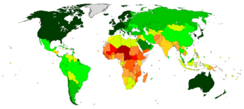 The UN Human Development Index (HDI) is a quantitative index of development, an alternative to the classic Gross Domestic Product (GDP), which some use as a proxy to define the Third World. While the GDP only calculates economic wealth, the HDI includes life expectancy, public health and literacy as fundamental factors of a good quality of life. Countries in North America, the Southern Cone, Europe, East Asia, and Oceania generally have better standards of living than countries in Central Africa, East Africa, parts of the Caribbean, and South Asia. Countries by Human Development Index (2020).png