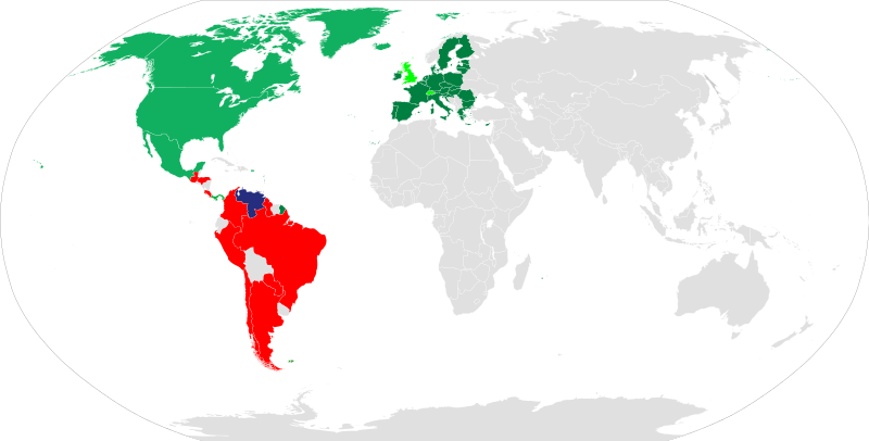 A map of countries that have introduced sanctions against Venezuela in response to the outgoing crisis in Venezuela  Venezuela  Countries that introduced sanctions  European Union-countries that have collectively introduced sanctions  Non-EU European countries that aligned with EU sanctions  Countries introducing entry bans on Maduro government officials