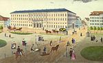 Ostseite um 1840: „Neues Postgebäude“ und das Teubnersche Geschäftshaus (rechts) am Grimmaischen Steinweg