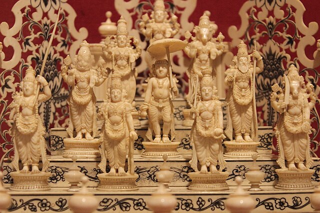 Hindu god Vishnu's ten major avatars (Balarama-Krishna version) Dasavatara shrine, 18th century ivory (National Museum, New Delhi). From top descendin