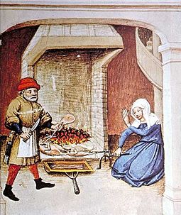 Fowl roasting on a spit. Smoke from the fire rises to the smoke canopy, and is vented through the wall or ceiling; The Decameron, Flanders, 1432. Decameron 1432-cooking on spit.jpg