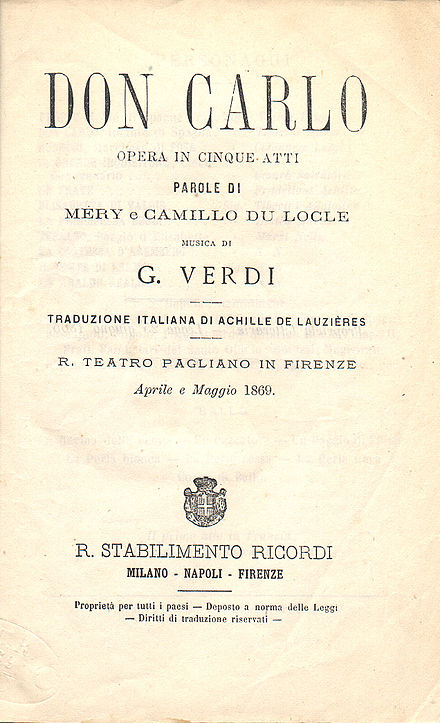 Title page of a libretto for performances at the Teatro Pagliano in Florence in April–May 1869 which used the Italian translation by Achille de Lauzières
