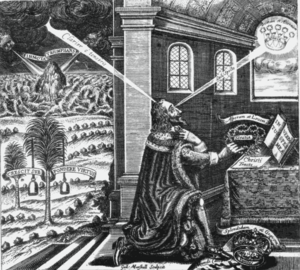 Famous frontispiece of the Eikon Basilike, The Pourtrature of His Sacred Majestie in His Solitudes and Sufferings. Later editions carried sworn statement by courtier Levett Eikon.png