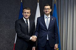 Ranskan presidentti Emmanuel Macron ja Puolan pääministeri Mateusz Morawiecki Brysselissä vuonna 2018 pidetyssä kokouksessa.