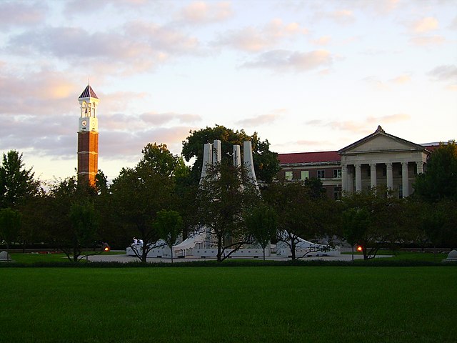 Purdue Mall, showing the Engineering Fountain, Purdue Bell Tower, and Hovde Hall.