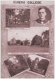 Collage of historical Eureka College images from 1904 with the presidential residence in the top left, President Hieronymus in the top right, a general view of the campus in the center, the Linda Woods Young Ladies Hall in the bottom left, and Burgess Memorial Hall in the bottom right.