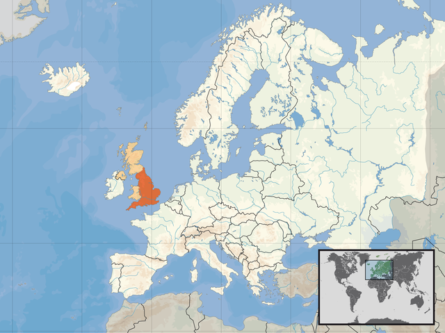 Location of  Inglan  (orange)– in Europe  (camel & white)– in the United Kingdom  (camel)