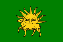 Yellow sun and sheep against a green background