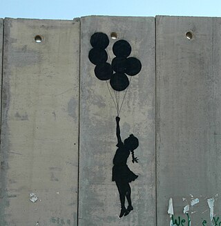 <i>Flying Balloon Girl</i> Mural in Palestine by artist Banksy