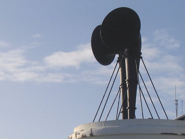 Foghorn at the Lizard Lighthouse, Cornwall. This installation uses a siren to produce sound.