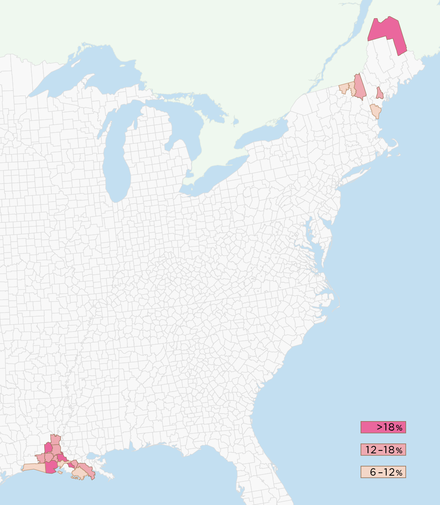 French language spread in the United States. Counties marked in lighter pink are those where 6–12% of the population speaks French at home; medium pink, 12–18%; darker pink, over 18%. French-based creole languages are not included.