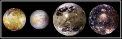 Di Galileische Mond (v. l. n. r.: Io, Europa, Ganymed un Kallisto)