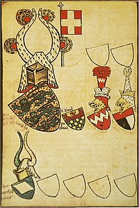 The Danish arms in the Gelre Armorial, 14th century. This is the oldest coloured image of the Dannebrog. The crest was used by Danish monarchs from the 13th century until c. 1420. The flag is not part of the crest. Gelre Folio 55v.jpg